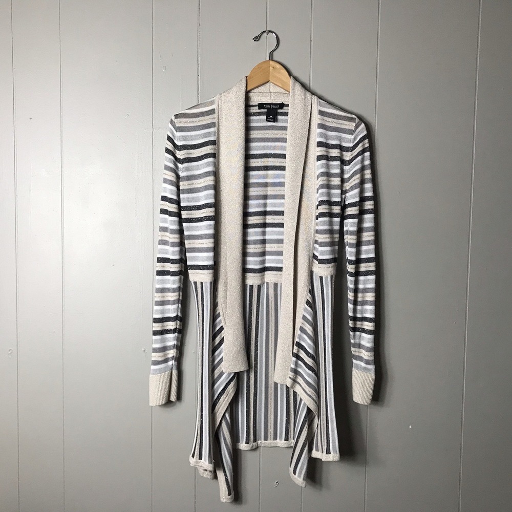 WHITE HOUSE BLACK MARKET METALLIC STRIPED OPEN FRONT WATERFALL CARIDGAN SIZE XS